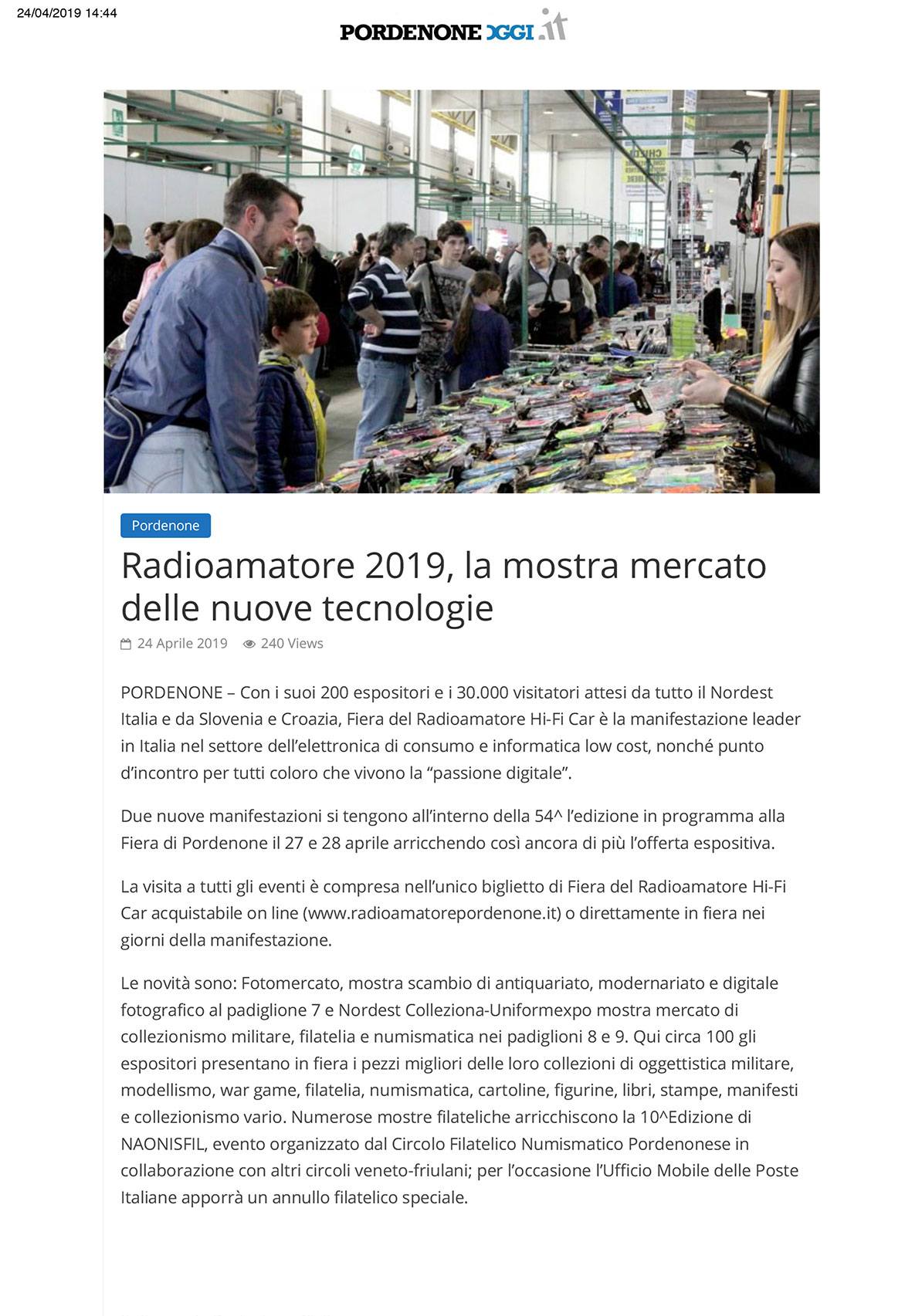 PordenoneOggi 24052019 Rassegna Stampa Radioamatore Fiera 2019